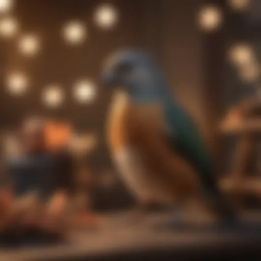 A serene indoor setting with a pet bird calmly resting in a safe space away from firework noise.