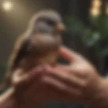 A person gently cradling a small bird in their palms