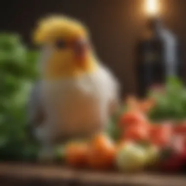 A close-up of a cockatiel enjoying fresh vegetables.