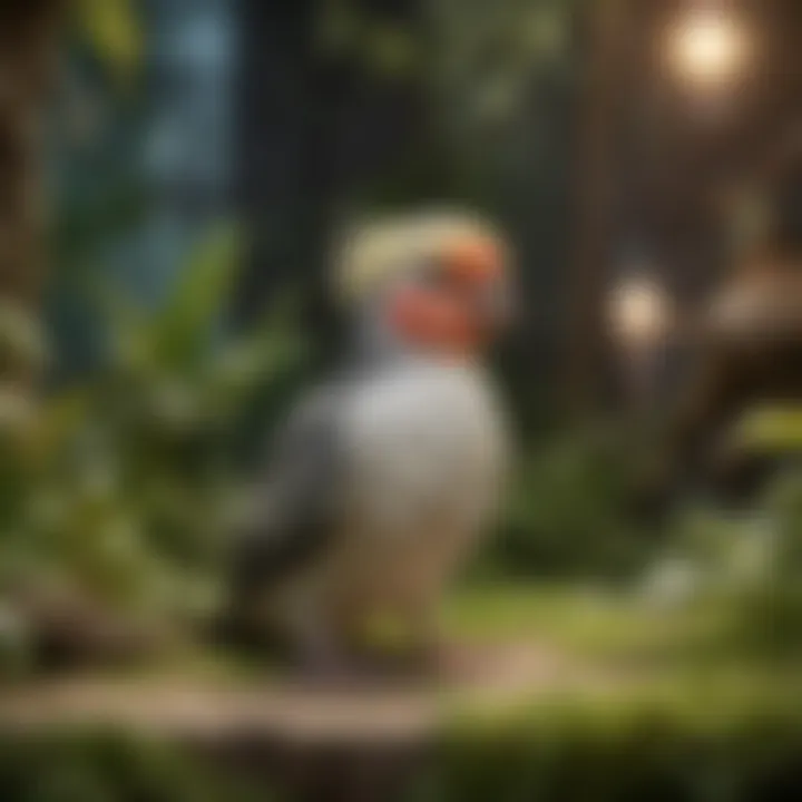 A serene scene of a cockatiel in a well-maintained aviary, surrounded by greenery.