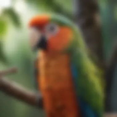 A colorful parrot perched on a branch, looking curiously.