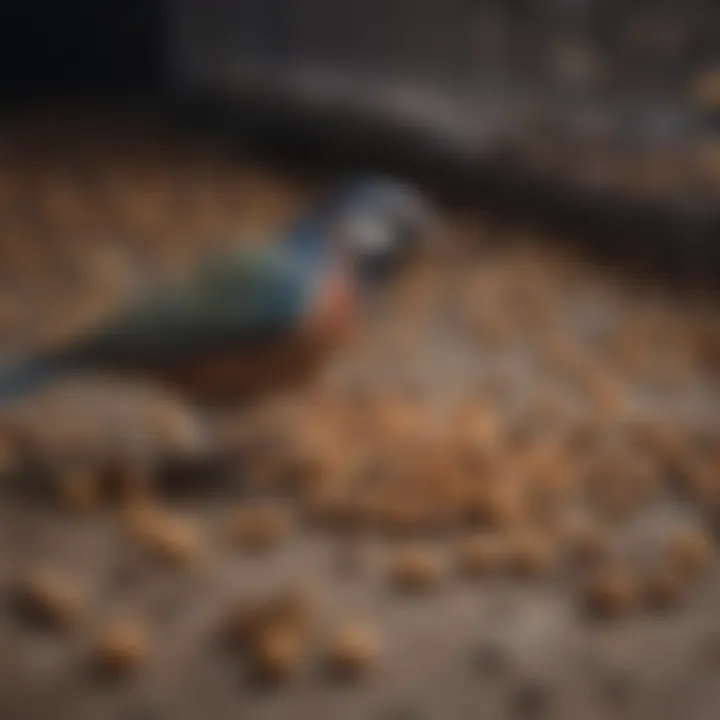 A close-up of bird food scattered on a cage floor