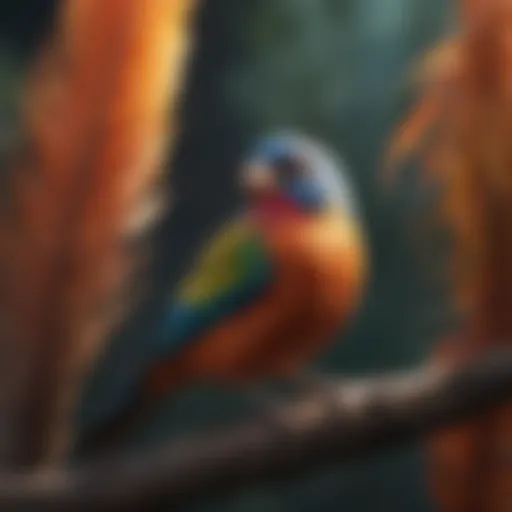 Colorful pet bird perched on a branch, surrounded by feathers