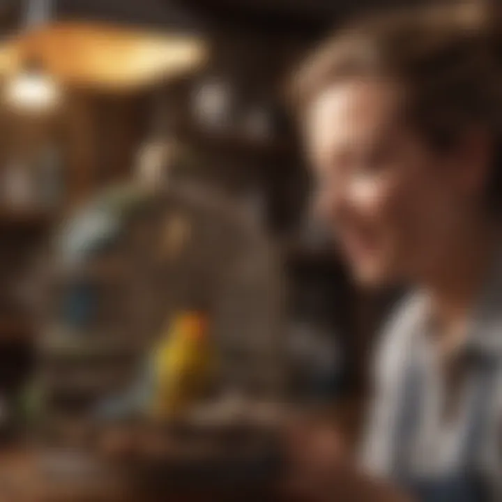 An owner cleaning a birdcage with a happy bird inside