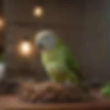 A monk parakeet in a cozy cage setting, illustrating appropriate living conditions.