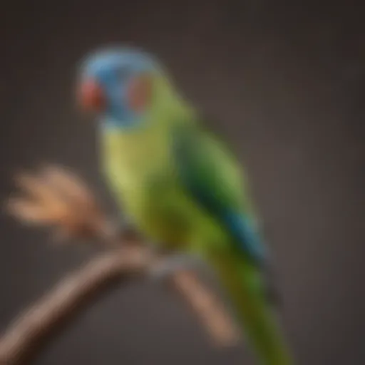 A colorful parakeet perched on a finger, showcasing its vibrant feathers