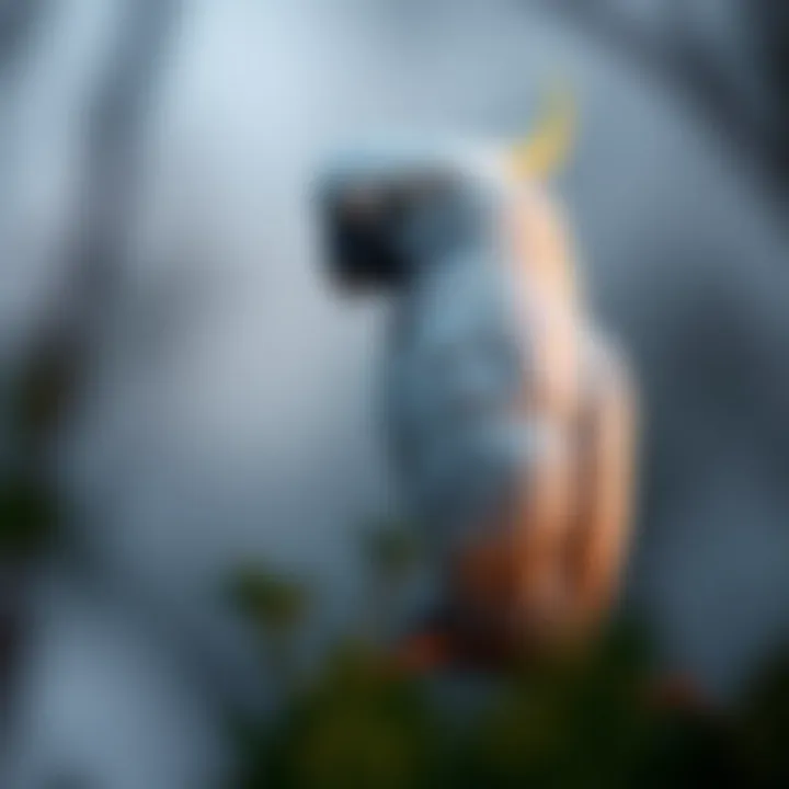 A cockatoo perched quietly in low light, showcasing its nocturnal nature