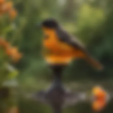 A guide showcasing tips for attracting orioles to a garden using jelly feeders.