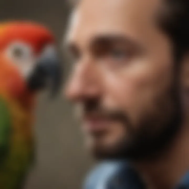 A close-up of a parrot interacting with its owner, highlighting the bond between them