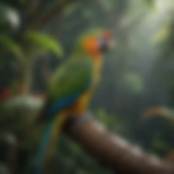 A lush tropical landscape, representing the natural habitat of various parrot species