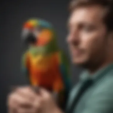 Close-up of a colorful parrot perched on a shoulder, showcasing the bond between pet and owner.