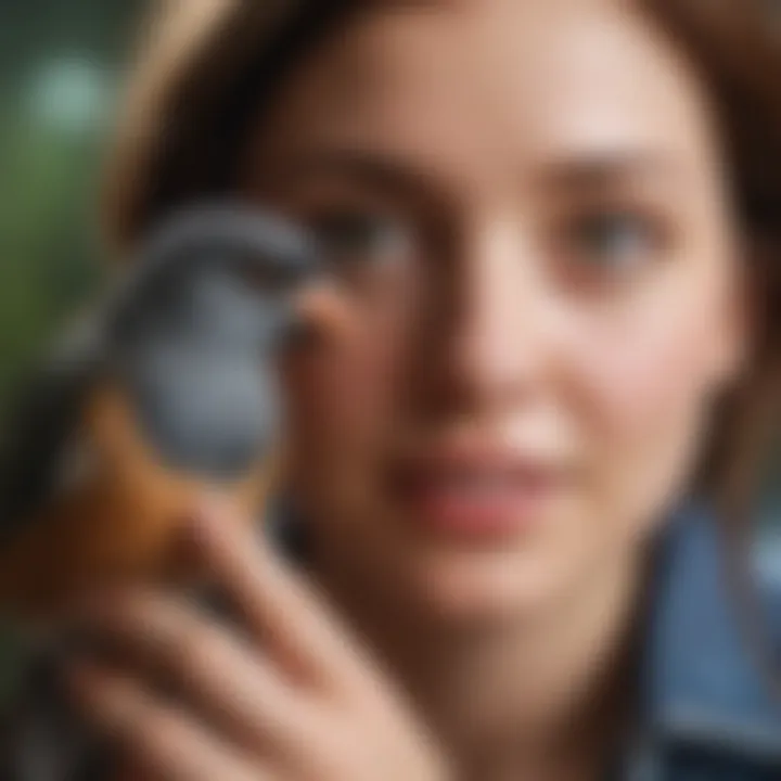 A joyful person engaging with a pet bird, illustrating the emotional connection that forms over time.