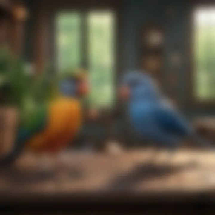 Medium-sized pet birds in a vibrant environment