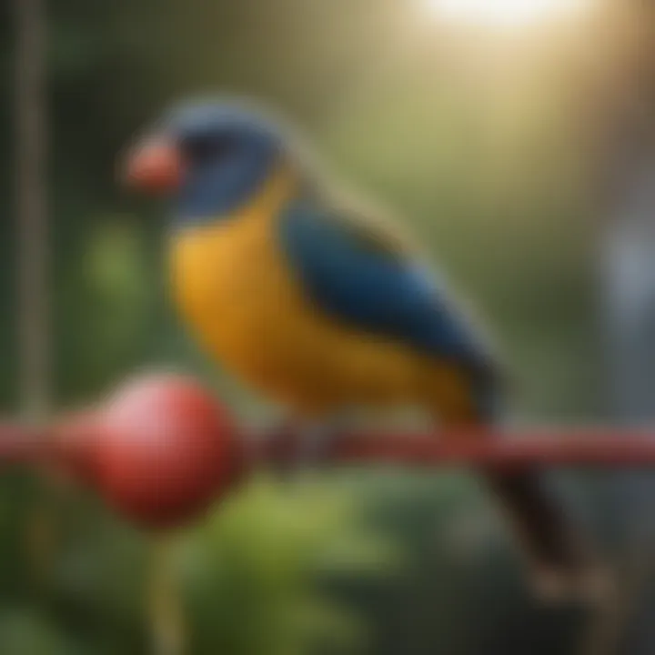 A colorful pet bird perched on a secure tether outdoors, enjoying the sun.