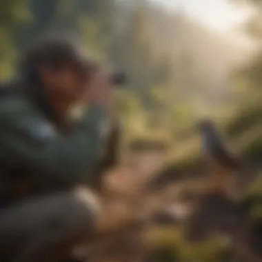 A birdwatcher scanning the horizon with binoculars, embodying the quest to locate a lost feathered friend in a natural habitat.