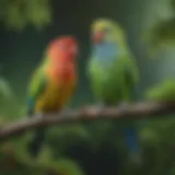 A vibrant parakeet perched on a branch, showcasing its colorful plumage against a lush green backdrop.