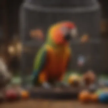 Parrot in a vibrant cage surrounded by toys and enrichment