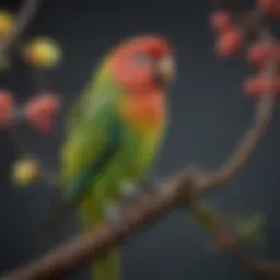 A vibrant parakeet perched on a branch showcasing its colorful feathers