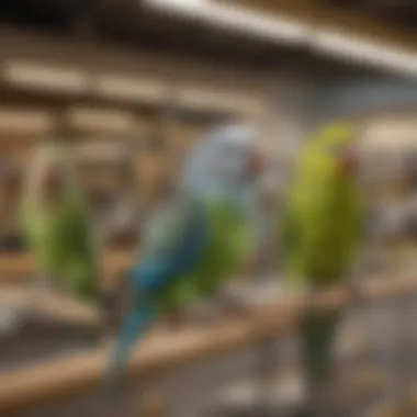 A detailed view of different parakeet species in a pet store setting