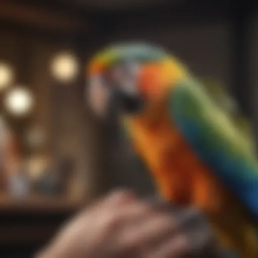 A colorful parrot perched on a finger