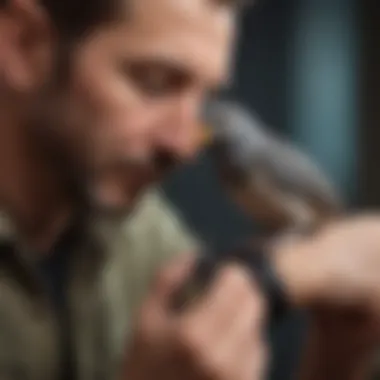 Bird owner examining the leg band of a pet bird