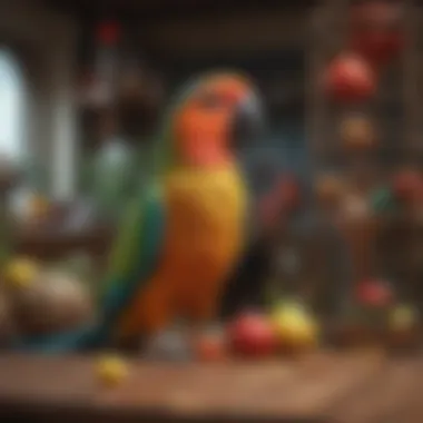 Ringneck parrot exploring a richly decorated environment with enrichment toys