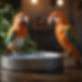 A colorful pet bird perched near a water bowl, showcasing their natural habitat.