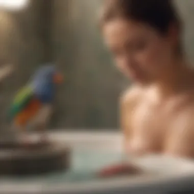 An owner attentively supervising their pet bird during bath time, emphasizing safety practices.