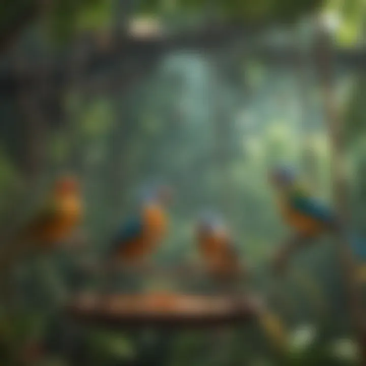 Birds enjoying a swing in a vibrant aviary setting.