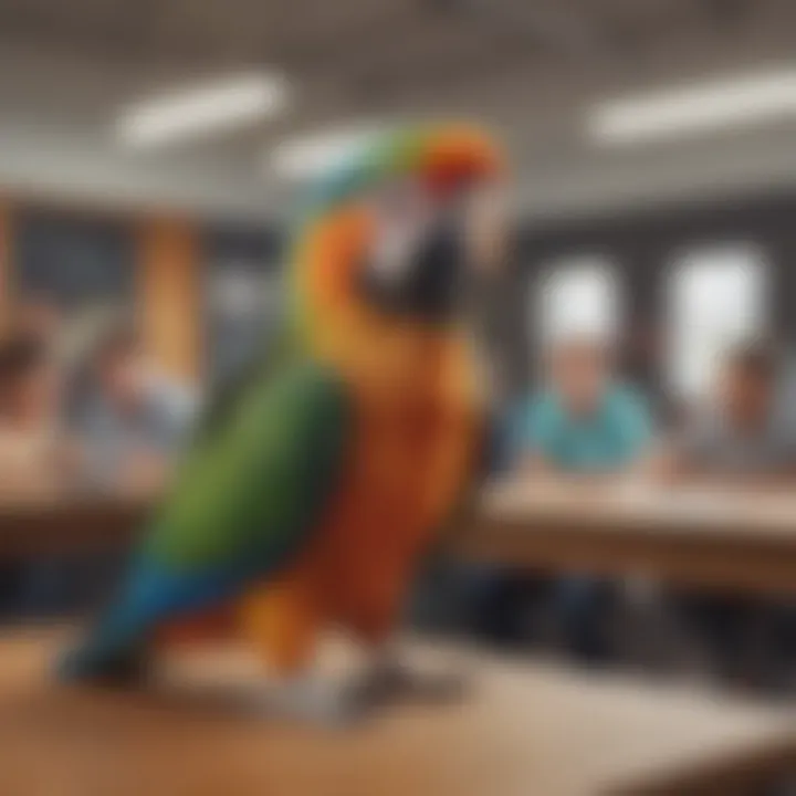 Colorful parrot perched on a classroom desk interacting with students