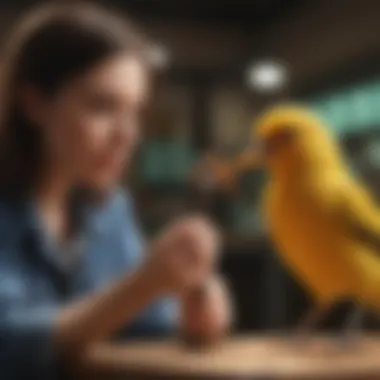 Teacher demonstrating bird care techniques with a small canary