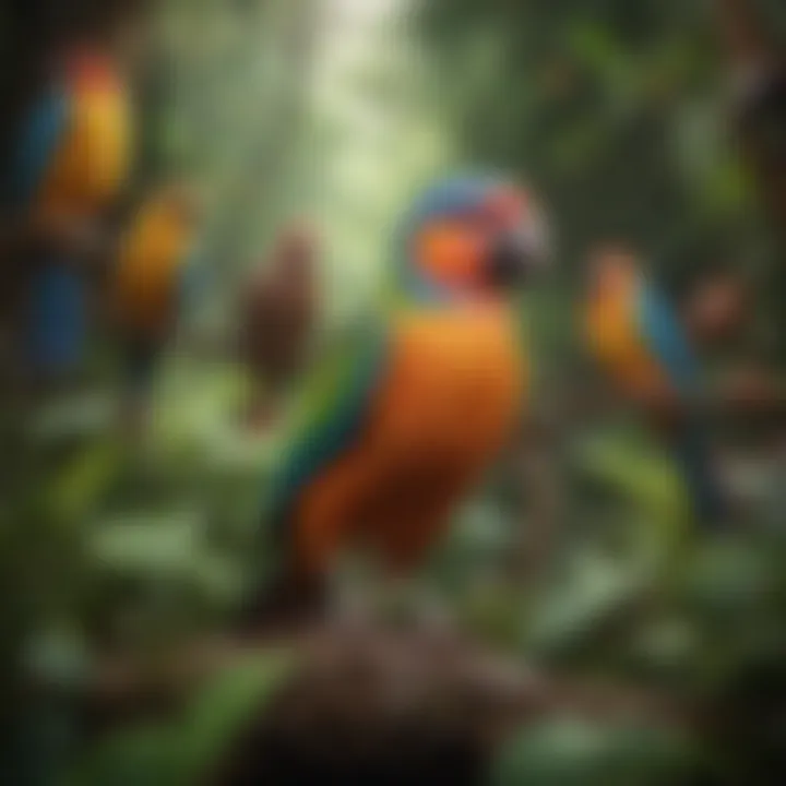 A colorful array of pet birds in a lush environment