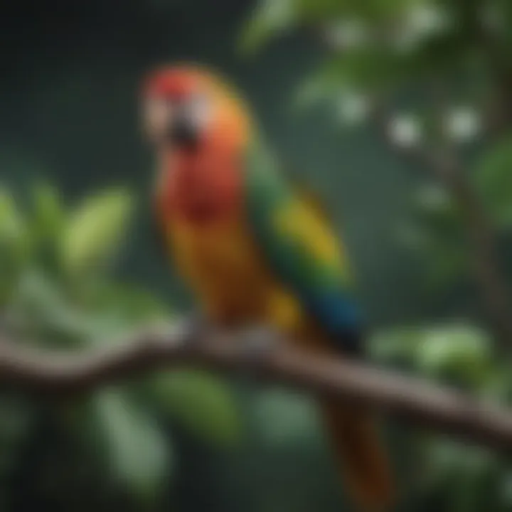 A vibrant parrot perched on a branch, showcasing its colors