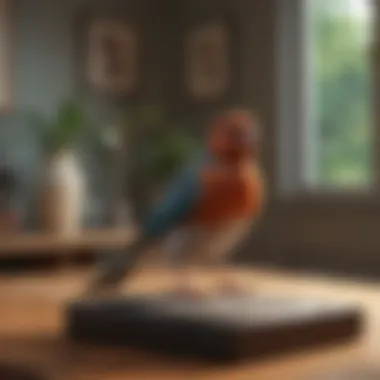 Quiet living space with a pet bird in the background