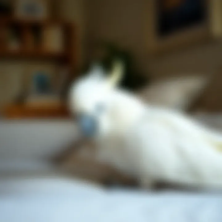 A serene white cockatoo resting comfortably in a home setting, illustrating companionship.