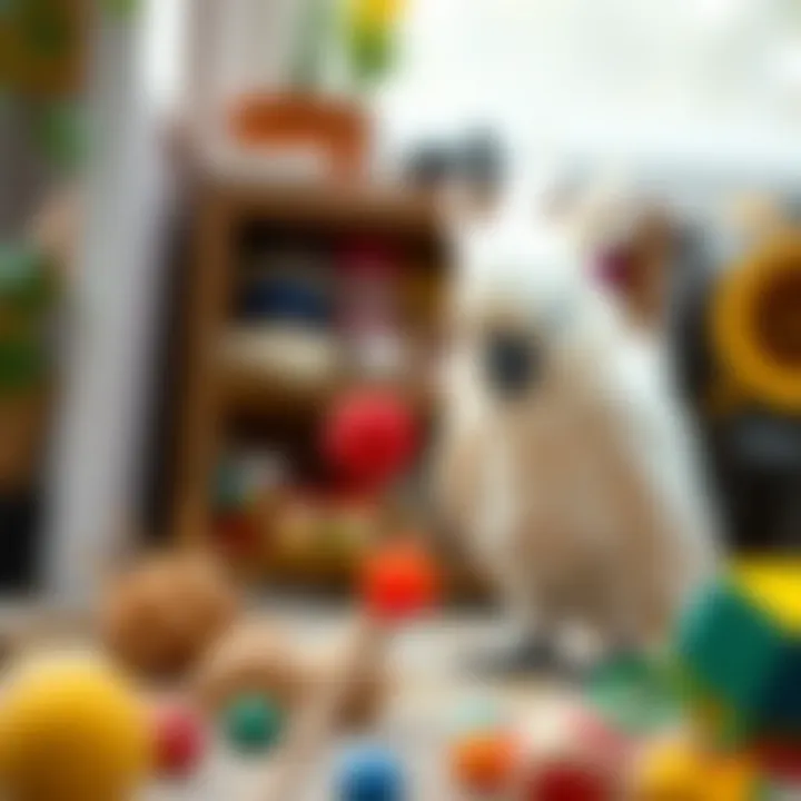 A playful white cockatoo engaging with a variety of toys in a stimulating environment.