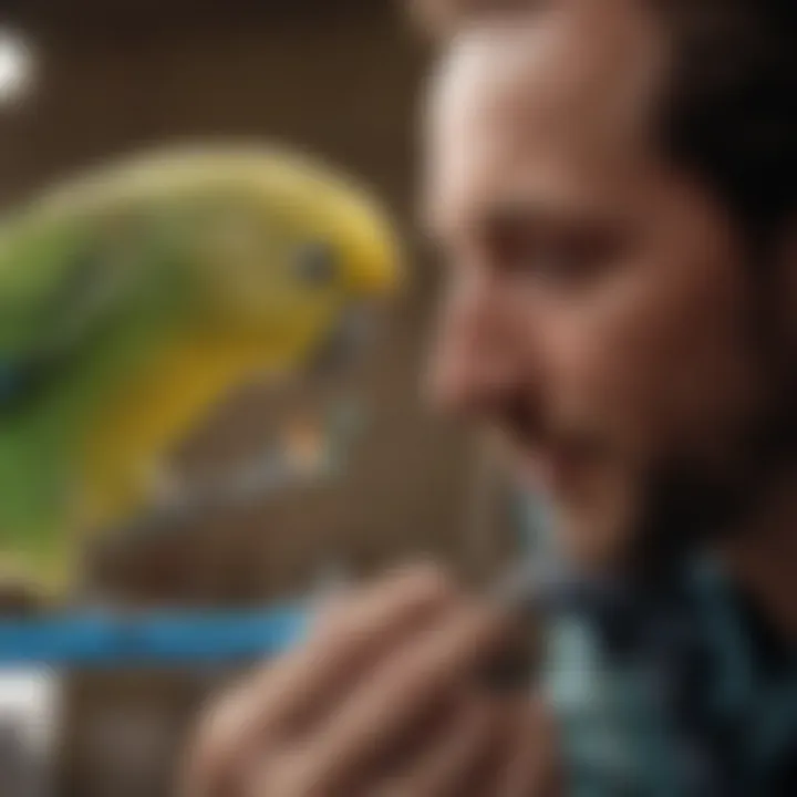 Close-up of a veterinarian examining a budgie for health signs