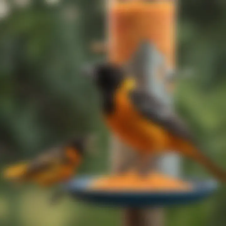 Vibrant oriole perched on a colorful feeder