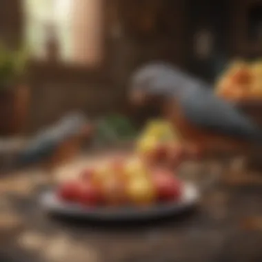 Nourishing Choices: Diet for Pet Birds A selection of nutritious bird food and fresh fruits.