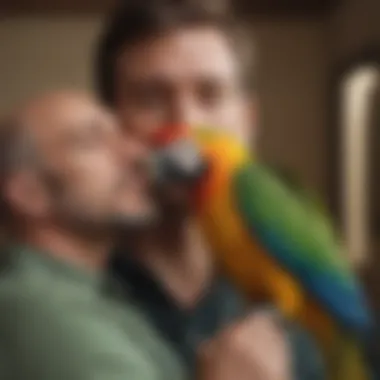 Strong Bond Between Bird and Owner A vibrant parrot perched securely on its owner's shoulder, showcasing a strong bond.