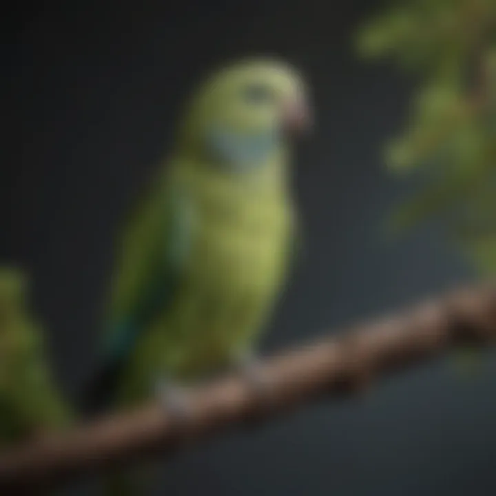 Close-up of a parakeet with clipped wings perched on a branch