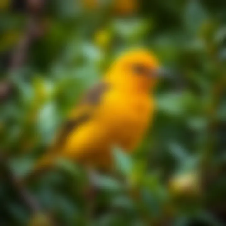 A golden oriole in a lush green environment, illustrating its unique coloration.