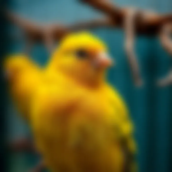 A pet yellow finch in a carefully designed indoor aviary, emphasizing habitat creation.