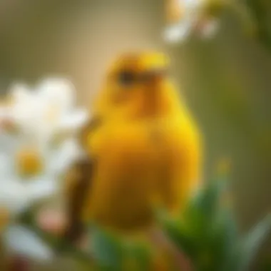 A close-up of a yellow warbler amidst blooming flowers, exhibiting its delicate features.