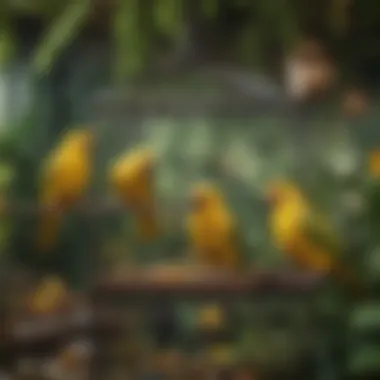 A cozy aviary setup filled with yellow and green birds, illustrating an ideal living environment.