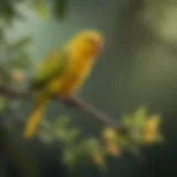 A vibrant yellow parakeet perched on a branch, showcasing its bright plumage and lively demeanor.