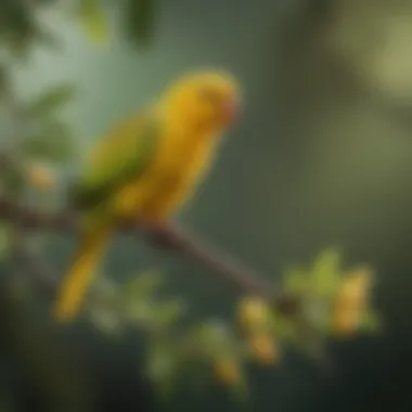 A vibrant yellow parakeet perched on a branch, showcasing its bright plumage and lively demeanor.