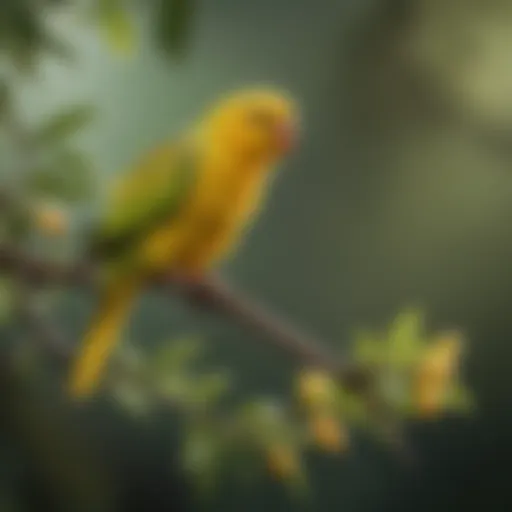 A vibrant yellow parakeet perched on a branch, showcasing its bright plumage and lively demeanor.