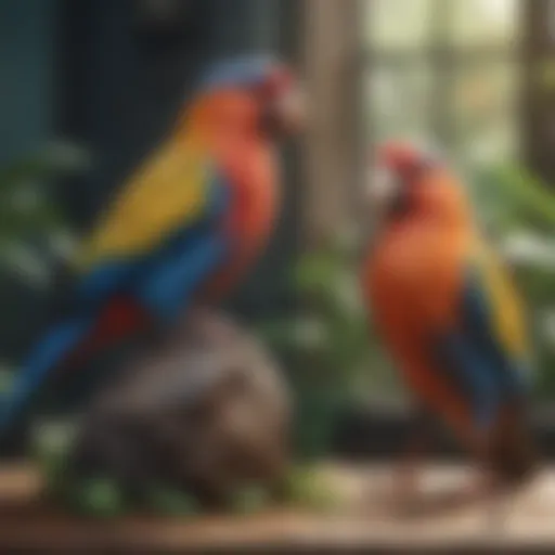 Colorful pet birds perched together, showcasing a variety of species.