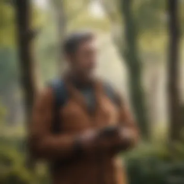 A birdwatcher using a tablet outdoors, surrounded by trees and singing birds